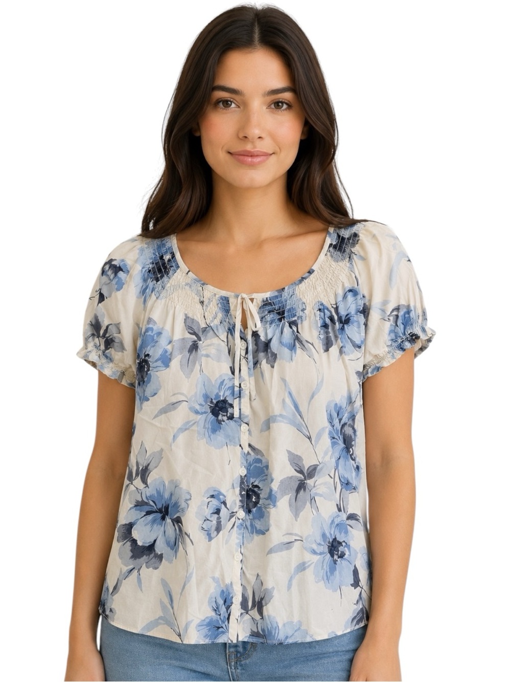 Van Heusen Blue Floral Peasant Blouse Cotton Smocked Short Sleeve Top Size L